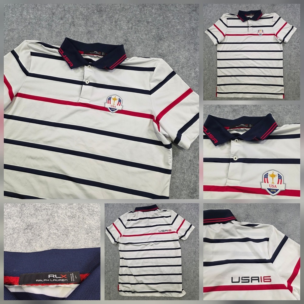 USA Golf Polo Shirt Mens Large White Striped RLX Ralph Lauren Ryder Cup 2016